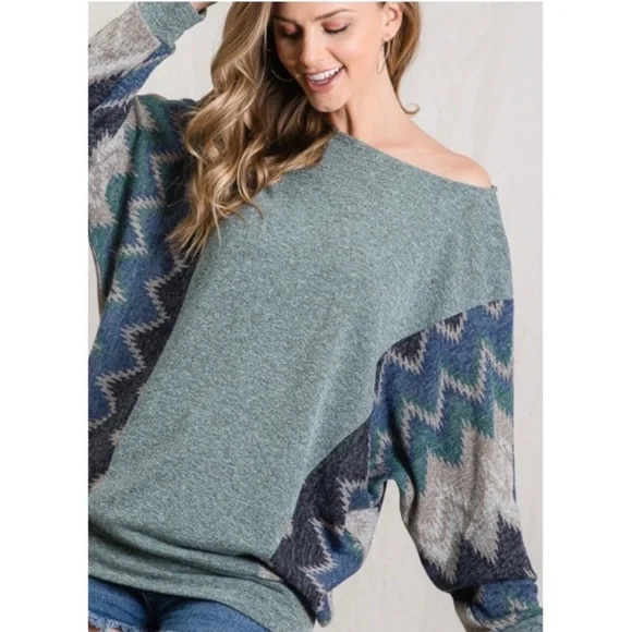 First Love | Tops | New Soft French Terry Blue Zig Zag